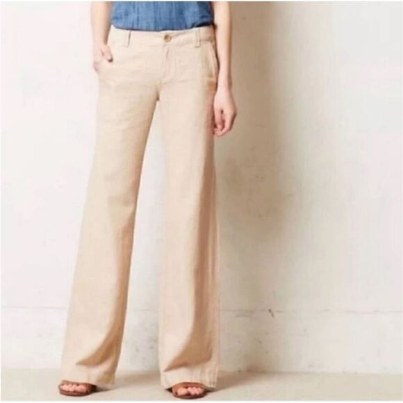 Pilcro & The Letterpress Linen Wide Leg Pants 4 Cream Beige Coastal Grandma - Picture 1 of 13